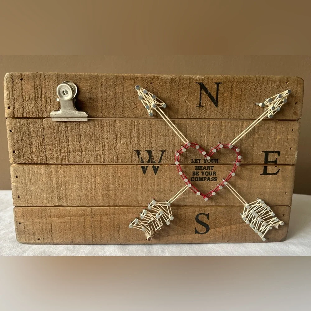 Rustic Wooden Compass Heart Wall Decor - Red and Natural